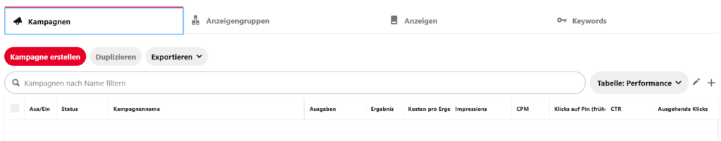 benutzeroberfläche pinterest ads manager